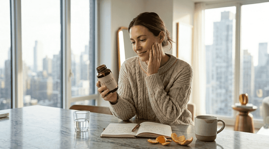 Woman reading supplement label in morning kitchen