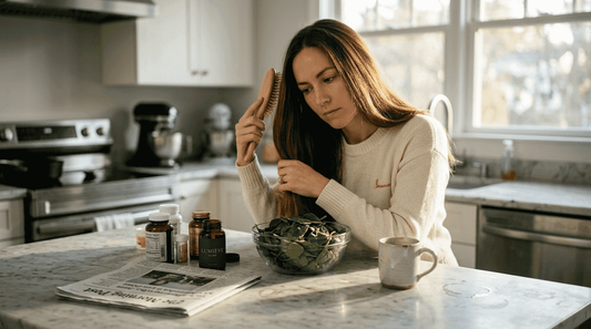 Woman brushing hair in sunny kitchen