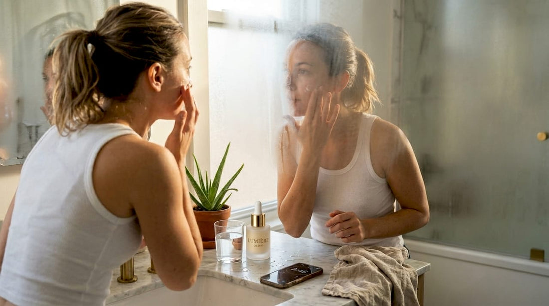 Woman applying skincare in sunlit bathroom