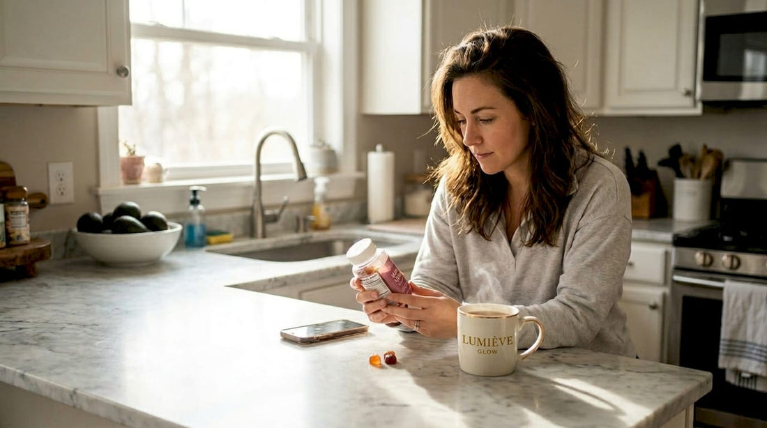 Woman reading hair vitamin bottle at kitchen counter