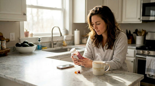 Woman reading hair vitamin bottle at kitchen counter