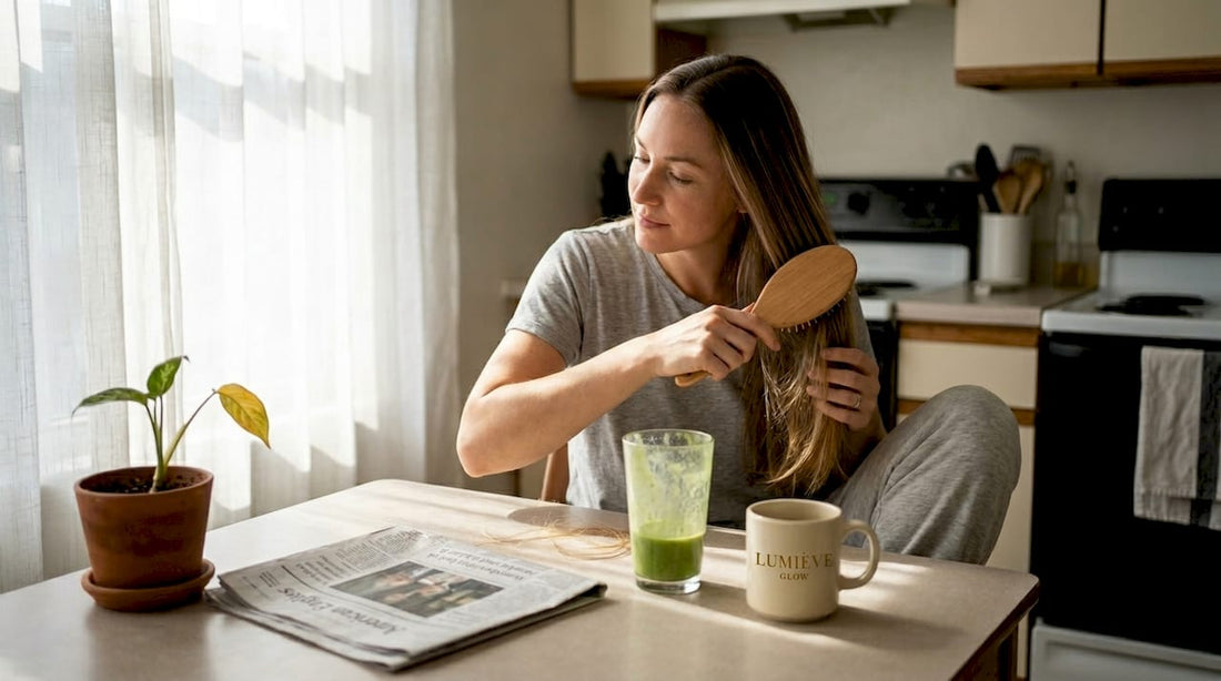 Woman brushing hair at kitchen table