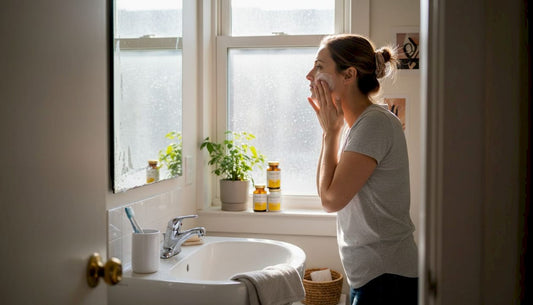 Woman applies moisturizer in sunny bathroom