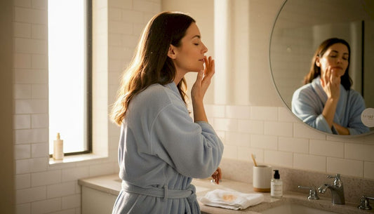 Woman applying vitamin C serum in bathroom