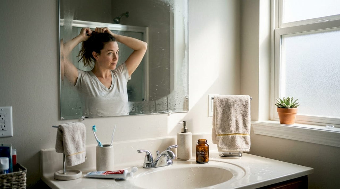 Woman preparing vitamins in sunlit bathroom