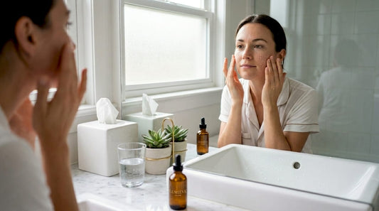 Woman applies serum in bathroom setting