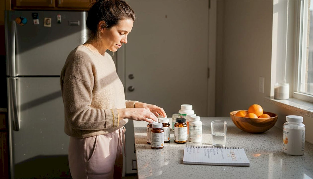 Woman organizing beauty supplements in kitchen