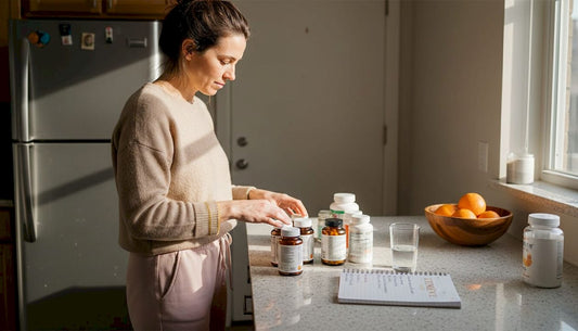 Woman organizing beauty supplements in kitchen