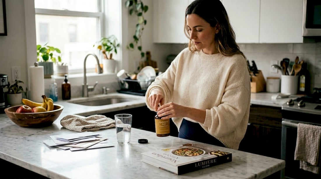 Woman opening hyaluronic gummies in home kitchen