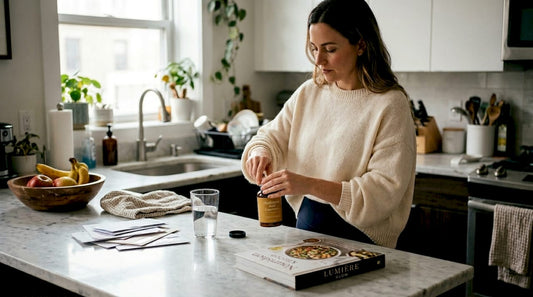 Woman opening hyaluronic gummies in home kitchen
