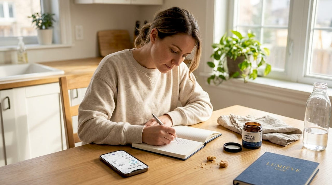 Woman logging supplement workflow at kitchen table