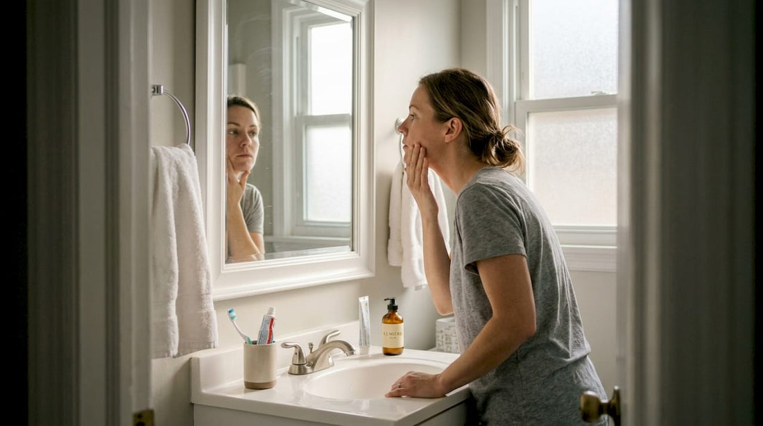 Woman inspecting skin in bathroom mirror