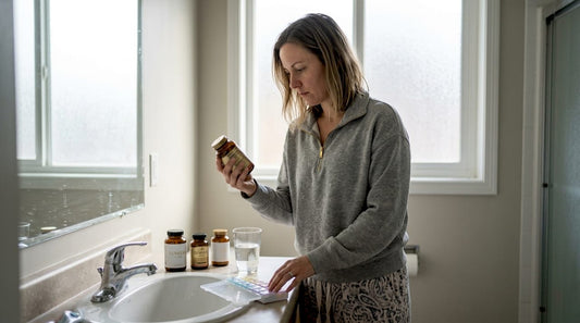 Woman reading vitamin label in bathroom