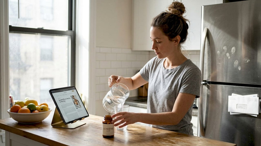 Woman starting morning routine with vitamins