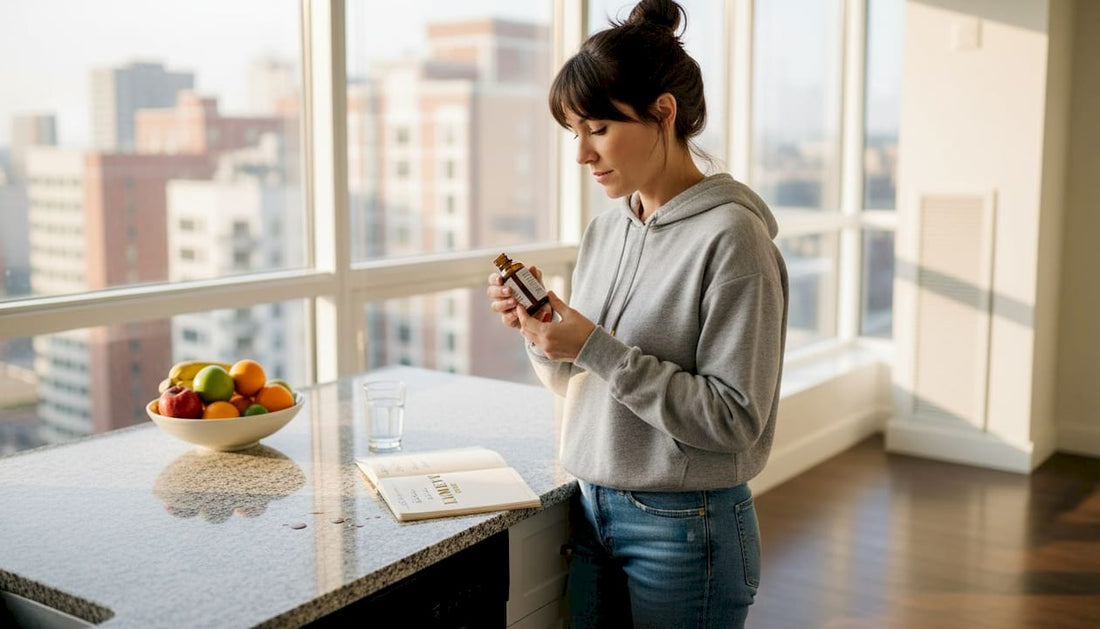 Woman reading hair supplement label in kitchen