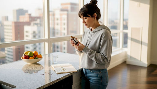 Woman reading hair supplement label in kitchen
