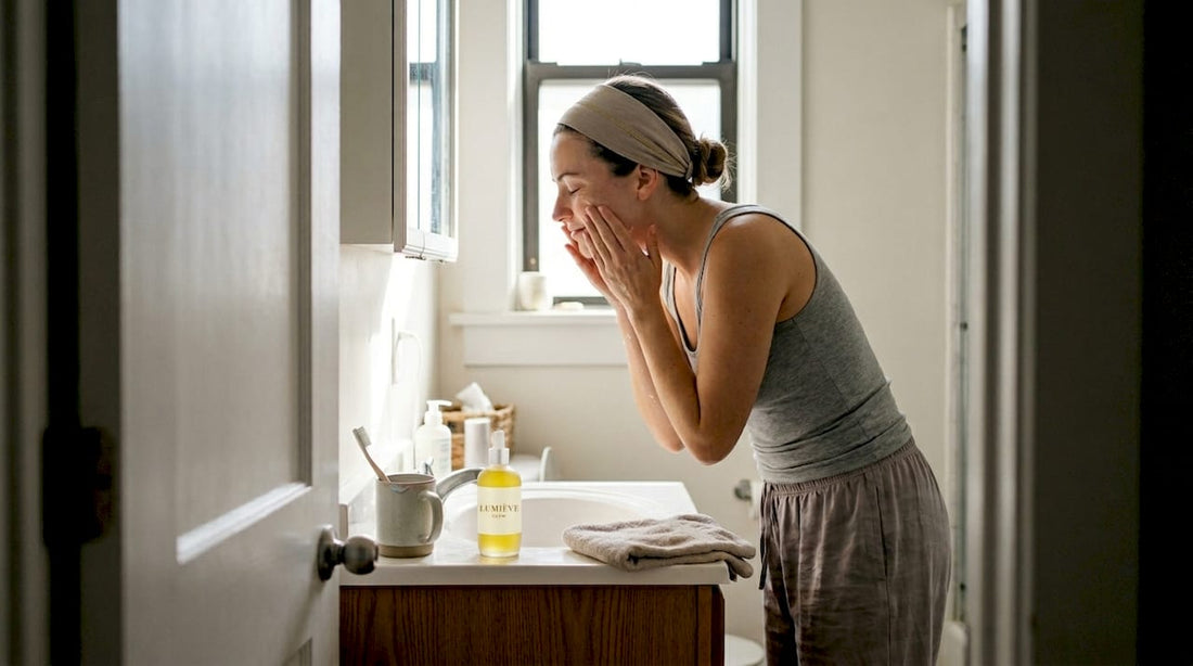 Woman washing face at home bathroom sink