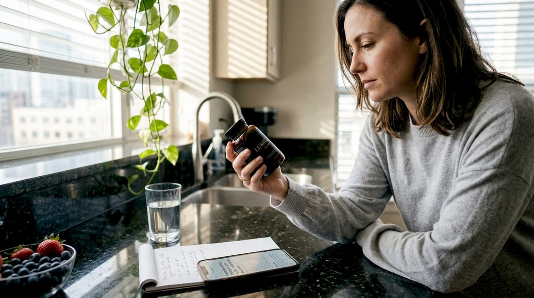 Woman examining beauty supplements in kitchen