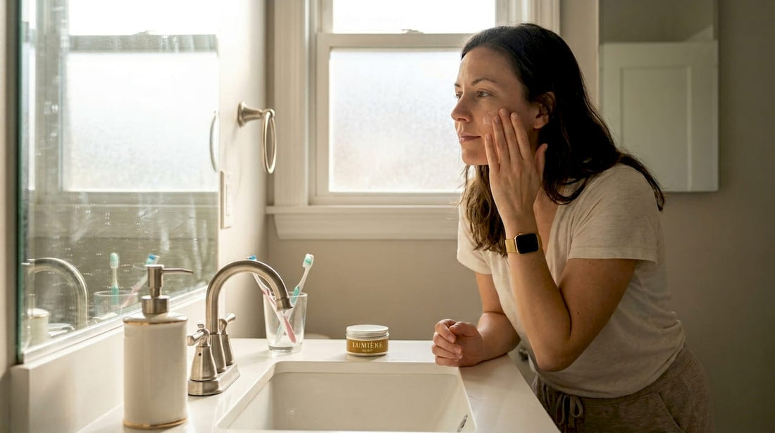 Woman applying moisturizer in sunlit bathroom