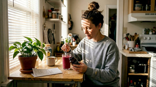 Woman with smoothie reading collagen supplement label