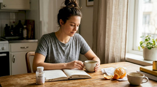 Woman preparing beauty supplements at breakfast table