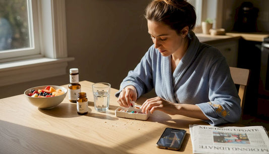 Woman taking daily beauty vitamins at breakfast