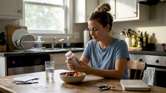 Woman reviewing multivitamin gummies at kitchen table