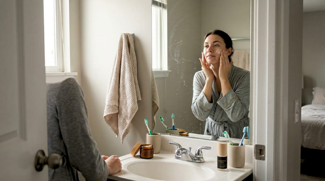 Woman applies skincare in morning bathroom light