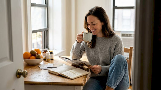 Woman reading wellness magazine at kitchen table